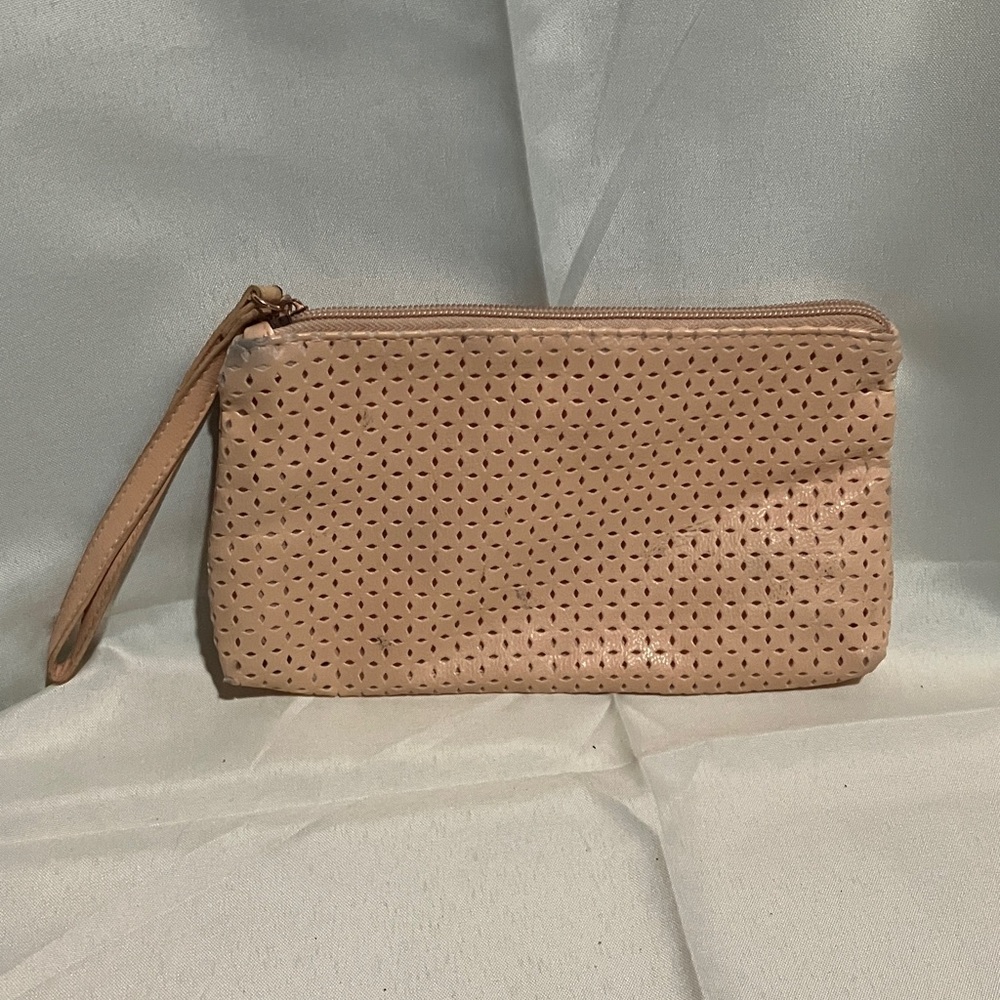 Laura Geller Tan Perforated Wristlet Clutch